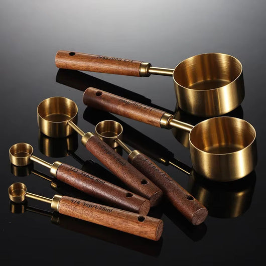 Measuring Cup Set – 8-Piece Oak Handle Stainless Steel Cups and Spoons – Kitchen Baking Set for Pantry Countertop