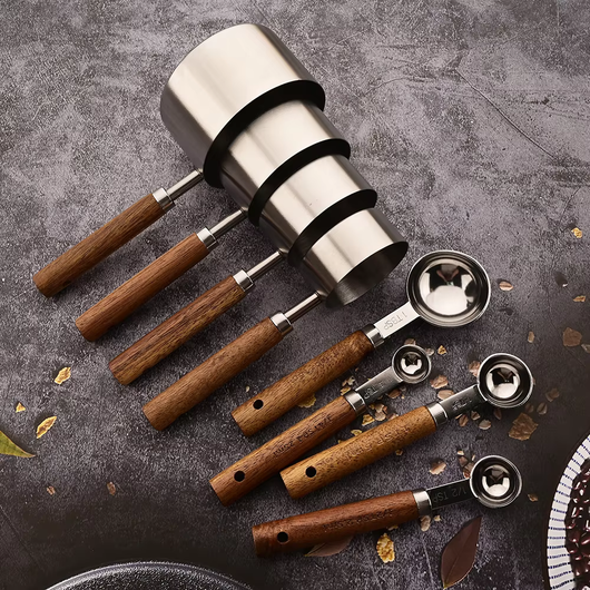 Measuring Cup Set – 8-Piece Oak Handle Stainless Steel Cups and Spoons – Kitchen Baking Set for Pantry Countertop