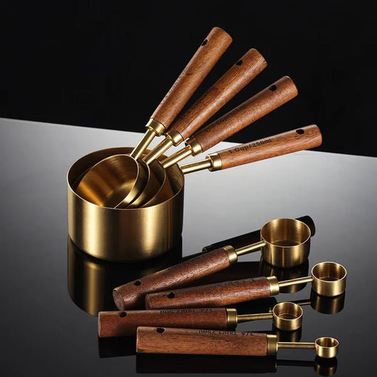 Measuring Cup Set – 8-Piece Oak Handle Stainless Steel Cups and Spoons – Kitchen Baking Set for Pantry Countertop