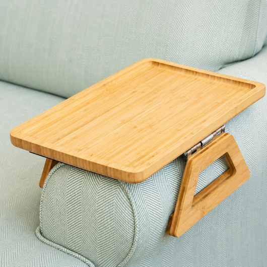 Sofa Arm Tray – Adjustable Bamboo Clip-On Armrest Table – Non-Slip Drinks & Laptop Tray for Living Room Bedroom Lounge