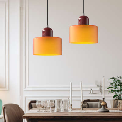 Bauhaus Pendant – Multiple Colours Lit Above Dining Table – Tavellix
