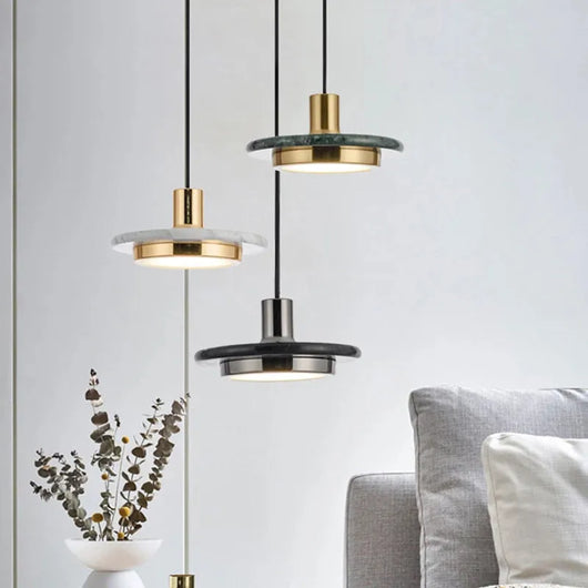 Marble Pendant Light – Round Disc with Integrated LED – Adjustable Hanging Ceiling Lamp for Dining Room Kitchen Bedroom