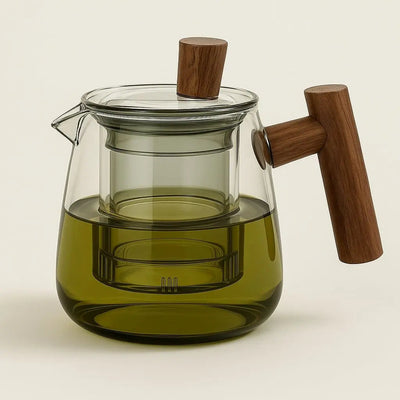 Borosilicate Glass Teapot – Wooden Handle Detail Close-Up – Tavellix