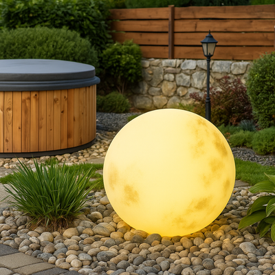 Garden Lamp – Wired Moon Sphere Warm LED Outdoor Light – Weather-Resistant Resin Design for Pathway Balcony Patio