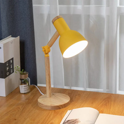 Wooden Desk Lamp – Adjustable Head Table Light – Rubberwood Base and Metal Shade for Bedroom Desk Reading Nook