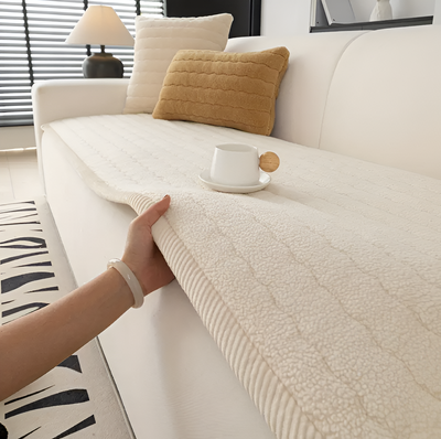 Plush Sofa Cover Cream White – Anti-Slip Full Sofa View – Tavellix