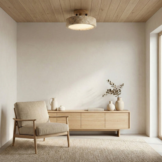 Round Japanese Modern Travertine Ceiling Light