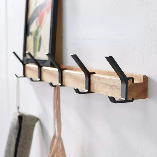 Wall Mounted Coat Rack – 5 Adjustable Double Hooks – Wood & Aluminium – Minimalist Design for Hallway Bedroom Bathroom