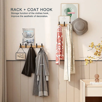 Wall Mounted Coat Rack – 5 Adjustable Double Hooks – Wood & Aluminium – Minimalist Design for Hallway Bedroom Bathroom