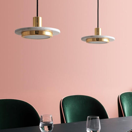 Marble Pendant Light – Round Disc with Integrated LED – Adjustable Hanging Ceiling Lamp for Dining Room Kitchen Bedroom
