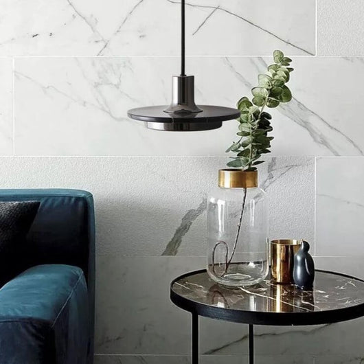 Marble Pendant Light – Round Disc with Integrated LED – Adjustable Hanging Ceiling Lamp for Dining Room Kitchen Bedroom