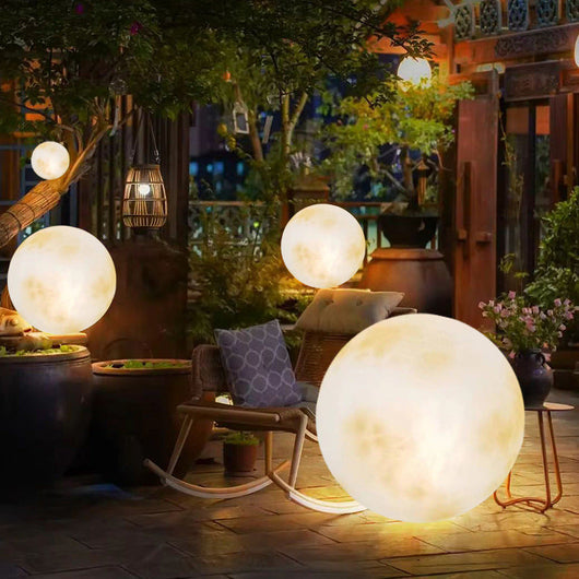 Garden Lamp – Wired Moon Sphere Warm LED Outdoor Light – Weather-Resistant Resin Design for Pathway Balcony Patio