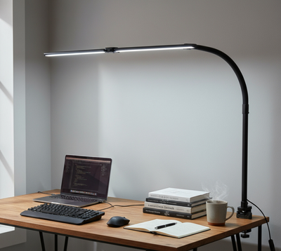 Clamp LED Desk Lamp Black – Full Product View Arm Extended – Tavellix