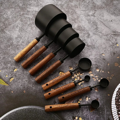 Measuring Cup Set – 8-Piece Oak Handle Stainless Steel Cups and Spoons – Kitchen Baking Set for Pantry Countertop