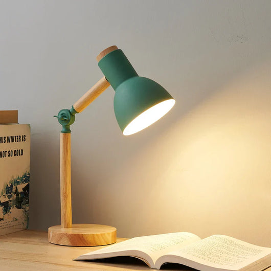 Wooden Desk Lamp – Adjustable Head Table Light – Rubberwood Base and Metal Shade for Bedroom Desk Reading Nook