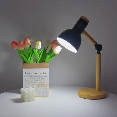 Wooden Desk Lamp – Adjustable Head Table Light – Rubberwood Base and Metal Shade for Bedroom Desk Reading Nook