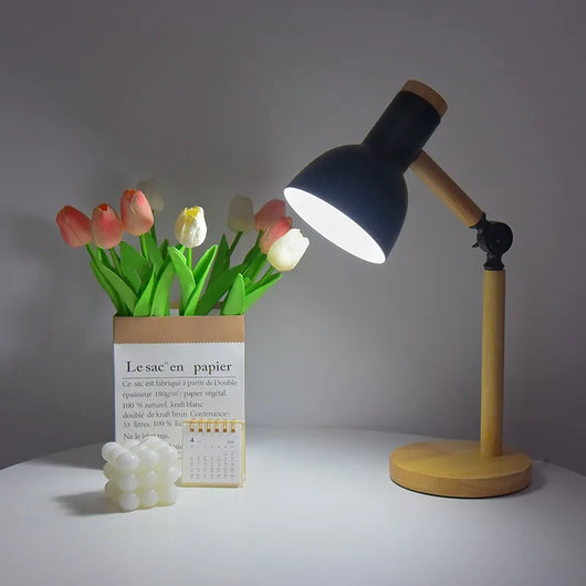 Wooden Desk Lamp – Adjustable Head Table Light – Rubberwood Base and Metal Shade for Bedroom Desk Reading Nook