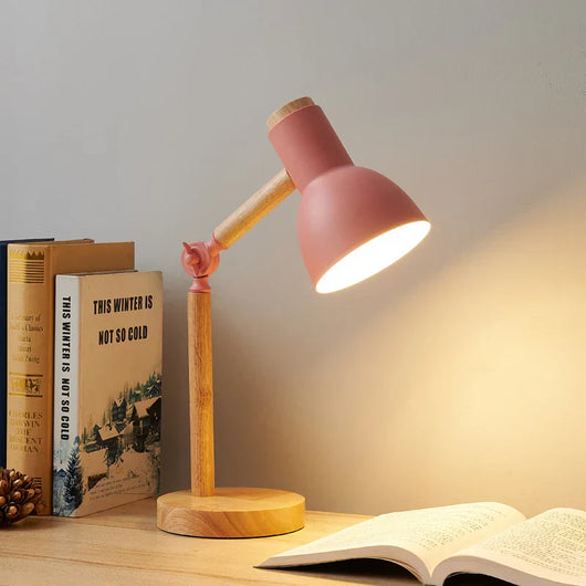 Wooden Desk Lamp – Adjustable Head Table Light – Rubberwood Base and Metal Shade for Bedroom Desk Reading Nook