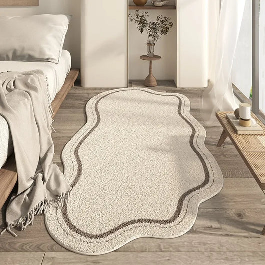 Cream Wave-Edge Rug – Living Room Overhead Flat Lay View – Tavellix