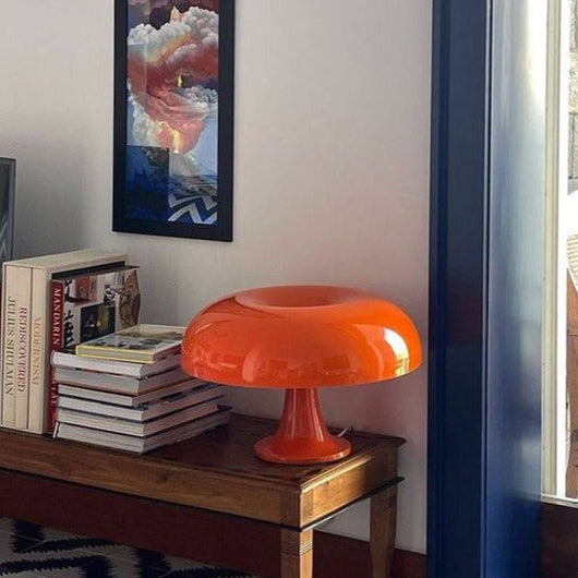 Mushroom Table Lamp – Orange Variant Living Room Setting – Tavellix