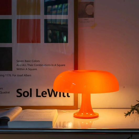Mushroom Table Lamp Orange Variant – Dome Opal Shade Lit – Tavellix