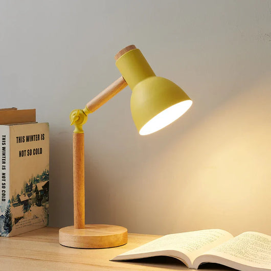 Wooden Desk Lamp – Adjustable Head Table Light – Rubberwood Base and Metal Shade for Bedroom Desk Reading Nook