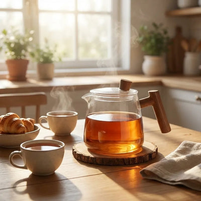Borosilicate Glass Teapot – Pouring Tea Kitchen Setting – Tavellix